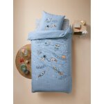 Parure housse de couette + taie d'oreiller enfant intergalactic, avec coton recyclé bleu imprimé Parure housse de couette + taie d'oreiller enfant intergalactic, avec coton recyclé bleu imprimé