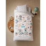 Parure housse de couette + taie d'oreiller enfant place du lilas cru / multicolore