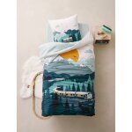 Parure housse de couette + taie d'oreiller enfant sur les rails vert
