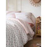 Parure housse de couette + taie d'oreiller réversible fleurs rayures, avec coton recyclé rose imprimé ... Parure housse de couette + taie d'oreiller réversible fleurs rayures, avec coton recyclé rose imprimé ...