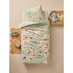 Parure housse de couette et taie d'oreiller tour du monde animaux avec coton recycl� vert sauge