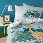 Parure de lit imprim�e 100% coton, dino jungle gris