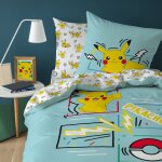 Parure de lit imprim�e 100% coton, pokemon animation bleu ciel