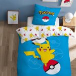 Parure de lit imprim�e 100% coton, pokemon pok�ball bleu
