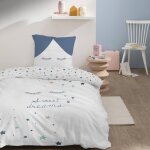 Parure de lit imprime 100% coton, sweet dreams blanc, bleu gris