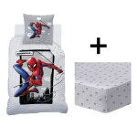 Parure de lit imprime + drap housse 100% coton, spiderman hero bleu