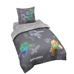Parure de lit r�versible - 100 % coton avec fermeture �clair gris - motif minecraft