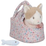 Peluche chat dans sac de transport fleuri rose, bleu, marron