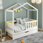 Petit lit cabane �volutif avec tiroirs pin massif charlie blanc