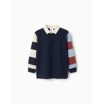 Polo en coton � manches longues � rayures bleu fonc�