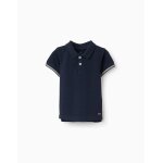 Polo en piqu� de coton � manches � rayures bleu fonc�