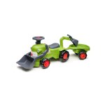 Porteur avec pelle frontale, excavatrice arrire et remorque vert