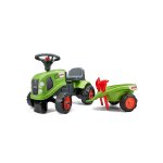 Porteur tracteur avec remorque, pelle et rteau vert claas