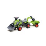 Porteur tractopelle claas 1er ge avec roues silencieuses, excavatrice et remorque vert claas