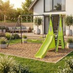 Portique avec balan�oires, face � face, toboggan, panier de basket, mur d'escalade, tente vert