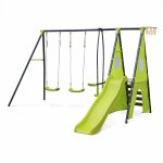 Portique avec balan�oires, face � face, toboggan, panier de basket, mur d'escalade, tente vert