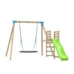 Portique balan�oire nid et toboggan alysse bois h243cm marron - bleu - vert