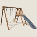 Portique en bois carr� 2 agr�s avec balan�oire b�b� et toboggan prune marron