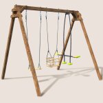 Portique en bois carr� 3 agr�s avec balan�oire b�b� et face � face pierre marron