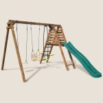 Portique en bois carr� 3 agr�s balan�oire b�b�, face � face et toboggan trefle marron