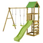 Portique bois enfant avec tobogan, balanoires, escalade et cabane walli marron