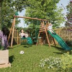 Portique en bois rond 3 agr�s balan�oire b�b�, face � face et toboggan tulipe marron