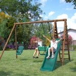 Portique en bois rond 3 agr�s avec balan�oire b�b� et toboggan colza marron