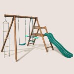 Portique en bois rond 3 agr�s avec face � face, �chelle et toboggan bas m�rier marron