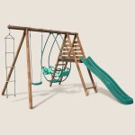 Portique en bois rond 3 agr�s avec face � face, �chelle et toboggan lavande marron