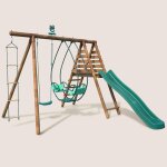 Portique en bois rond 3 agr�s avec face � face, �chelle et toboggan lavande marron