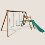 Portique en bois rond 3 agr�s avec face � face et toboggan bas figue marron