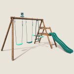 Portique en bois rond 3 agr�s avec face � face et toboggan bas figue marron