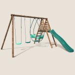 Portique en bois rond 3 agr�s avec face � face et toboggan narcisse marron