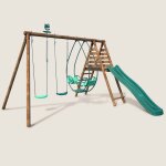 Portique en bois rond 3 agr�s avec face � face et toboggan narcisse marron