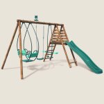 Portique en bois rond 3 agr�s avec face � face et toboggan nigel marron