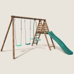 Portique en bois rond 3 agr�s avec face � face et toboggan violette marron