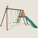 Portique en bois rond 3 agr�s avec face � face et toboggan violette marron