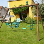 Portique en bois rond 4 agr�s avec balan�oire b�b� et face � face suzanne marron