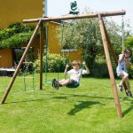 Portique en bois rond 4 agr�s avec corde et �chelle ernest marron