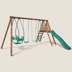 Portique en bois rond 4 agr�s avec face � face et toboggan jacinthe marron