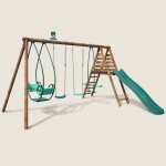 Portique en bois rond 4 agr�s avec face � face et toboggan jacinthe marron
