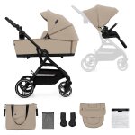 Poussette 2 en 1 avec nacelle, roues anti - crevaison et accessoires beige