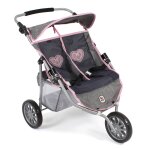 Poussette jogger 3 roues pour poupées jumelles gris et rose Poussette jogger 3 roues pour poupées jumelles gris et rose