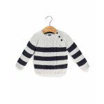 Pull 100% coton b�b� gar�on fond gris chine raye indigo