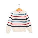 Pull 100% coton gar�on fond blanc casse raye multicol