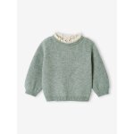 Pull bb fille en cte perle col en broderie anglaise vert sauge