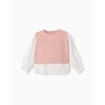 Pull bi - mati�re en maille et coton rose clair