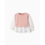 Pull bi - mati�re en maille et coton rose clair