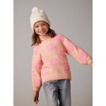 Pull fille col roul maille mousseuse maxi motifs rose