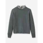 Pull fille col tissu liberty vert fonce uni